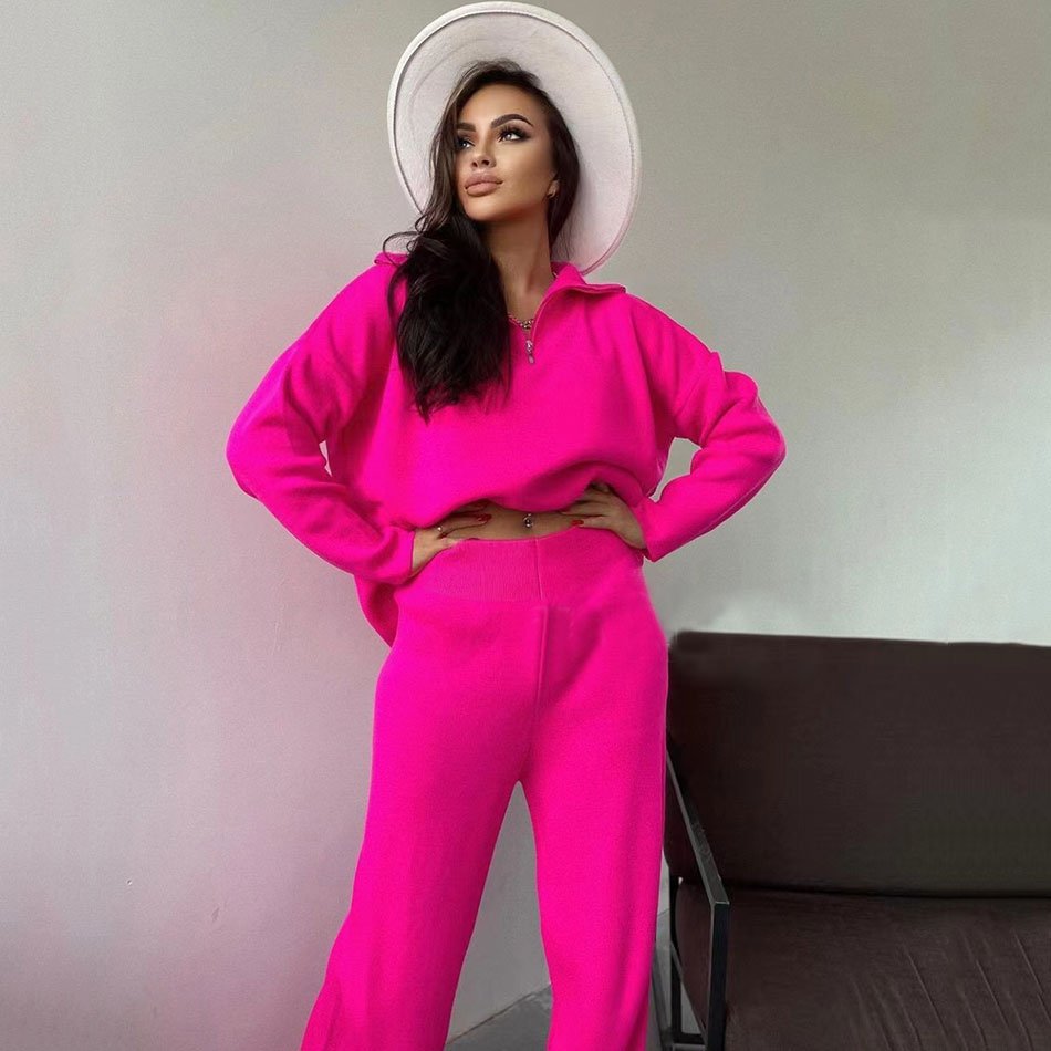 Free Shipping Casual Autumn Loose Knit Sweater Set Fashion Zip Lapel Long Sleeve Pullover Sweater & Straight Pants Two-piece Set 4 Free Shipping Casual Autumn Loose Knit Sweater Set Fashion Zip Lapel Long Sleeve Pullover Sweater & Straight Pants Two-piece Set 4